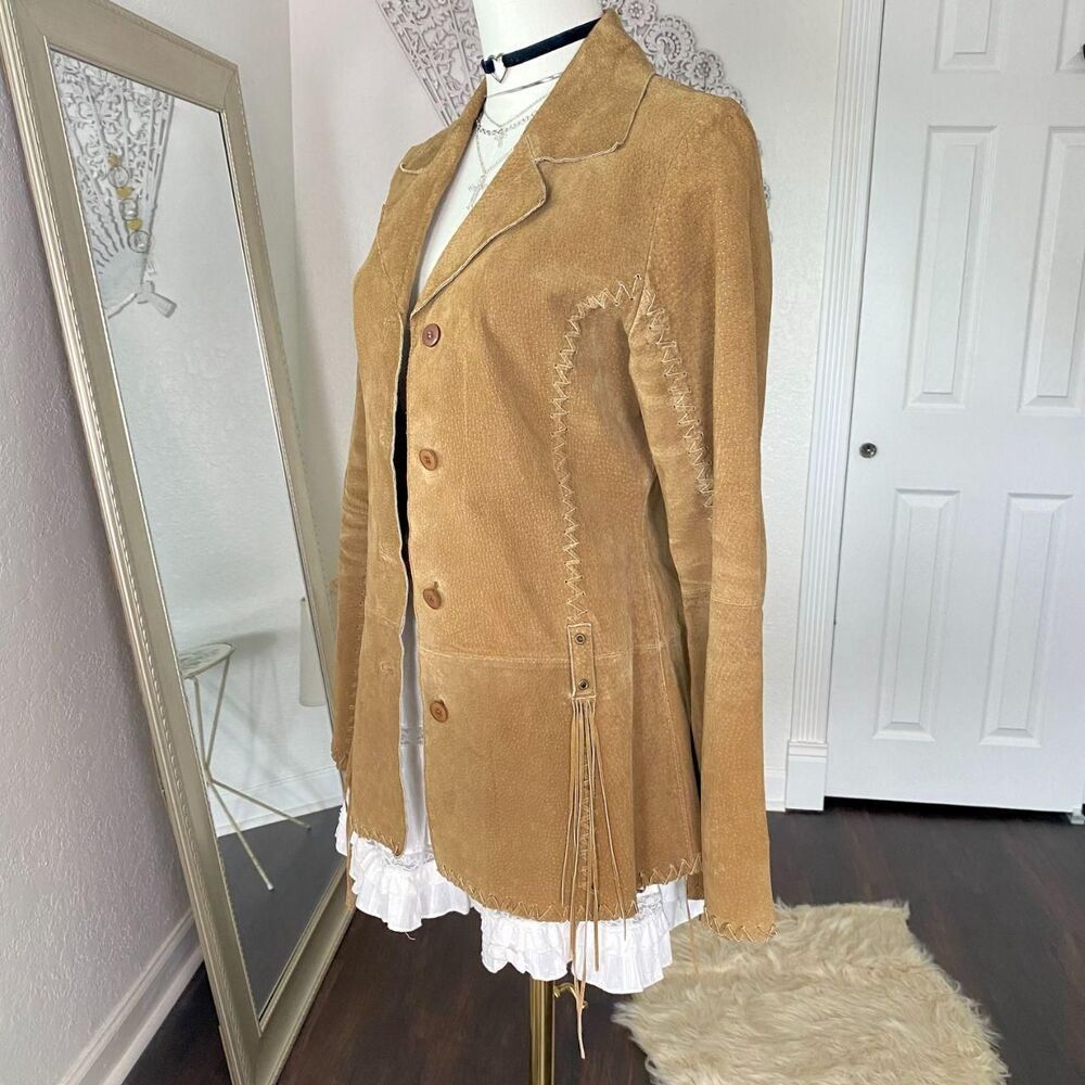 Vintage Tan Brown Suede Western Fringe Whipstitch Split Sleeve Leather Jacket M - Picture 2 of 8